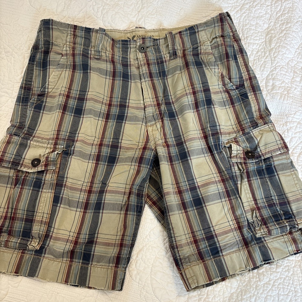 American Eagle Y2K Classic Length SZ‎ 36 Plaid Cargo Shorts Distressed Skater